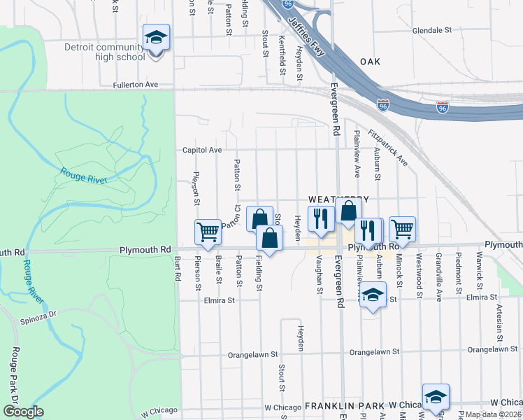 map of restaurants, bars, coffee shops, grocery stores, and more near 11712 Fielding Street in Detroit