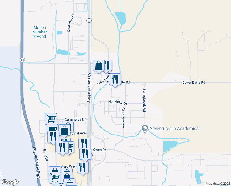 map of restaurants, bars, coffee shops, grocery stores, and more near 1519 Hollyhock Drive in Medford