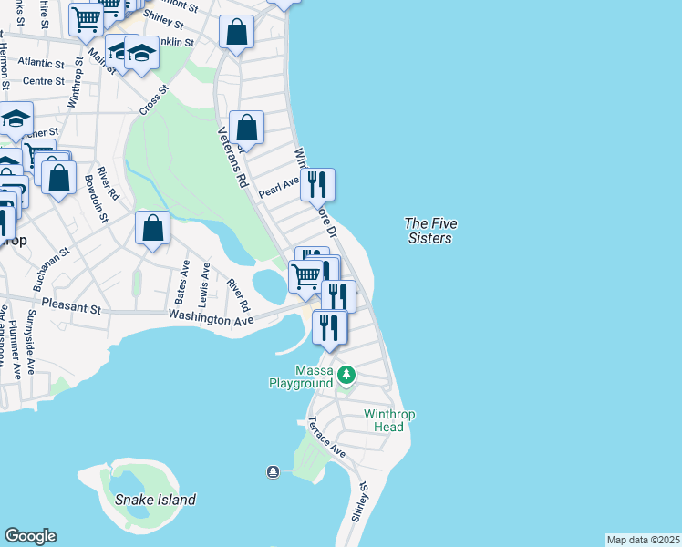 map of restaurants, bars, coffee shops, grocery stores, and more near 70 Winthrop Shore Drive in Winthrop