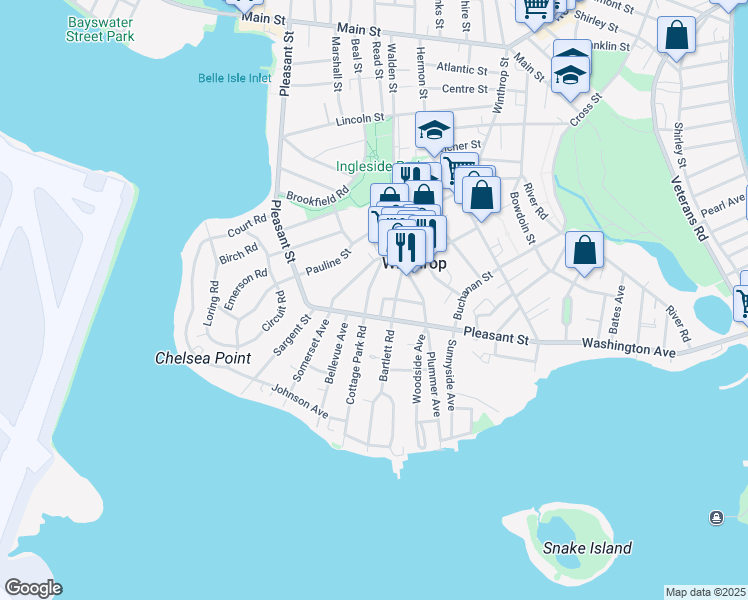 map of restaurants, bars, coffee shops, grocery stores, and more near 19 Williams Street in Winthrop