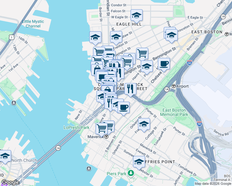 map of restaurants, bars, coffee shops, grocery stores, and more near 135 London Street in Boston