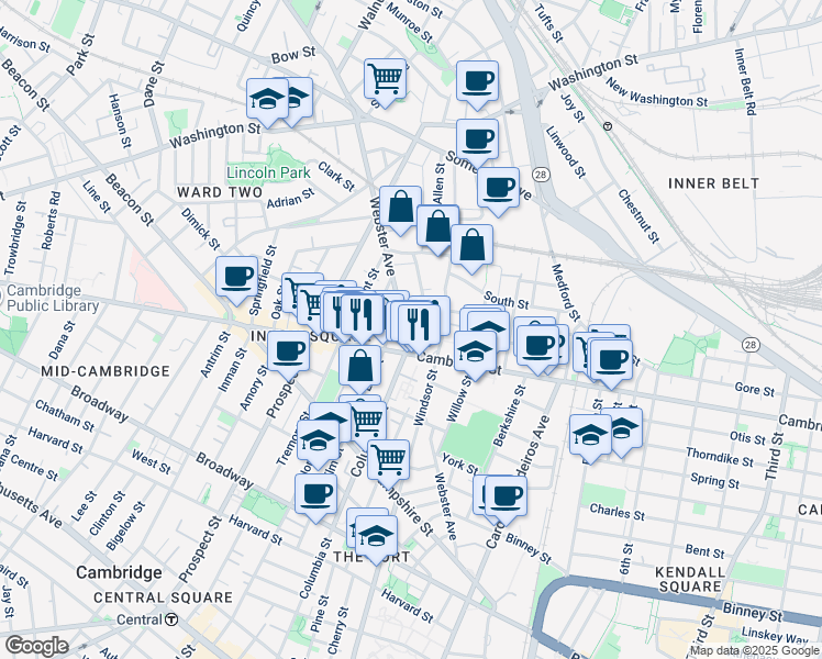 map of restaurants, bars, coffee shops, grocery stores, and more near 432 Columbia Street in Cambridge