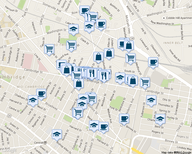 map of restaurants, bars, coffee shops, grocery stores, and more near 299 Elm Street in Cambridge