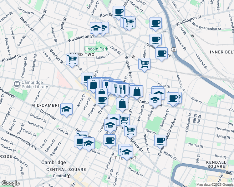 map of restaurants, bars, coffee shops, grocery stores, and more near 109 Tremont Street in Cambridge