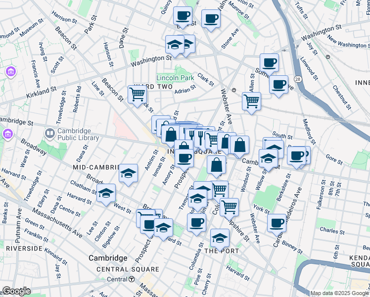 map of restaurants, bars, coffee shops, grocery stores, and more near in Cambridge