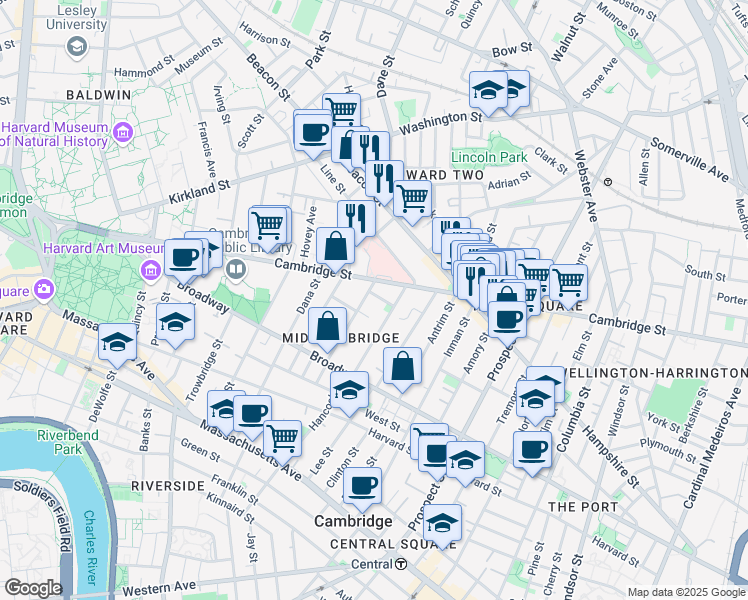 map of restaurants, bars, coffee shops, grocery stores, and more near 10 Marie Avenue in Cambridge