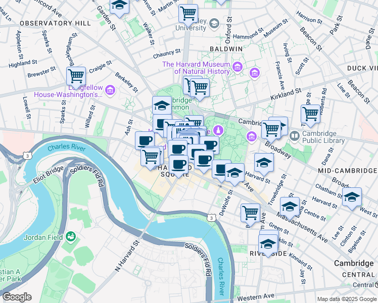 map of restaurants, bars, coffee shops, grocery stores, and more near 4 Brattle Square in Cambridge