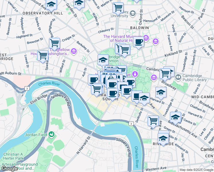 map of restaurants, bars, coffee shops, grocery stores, and more near in Cambridge