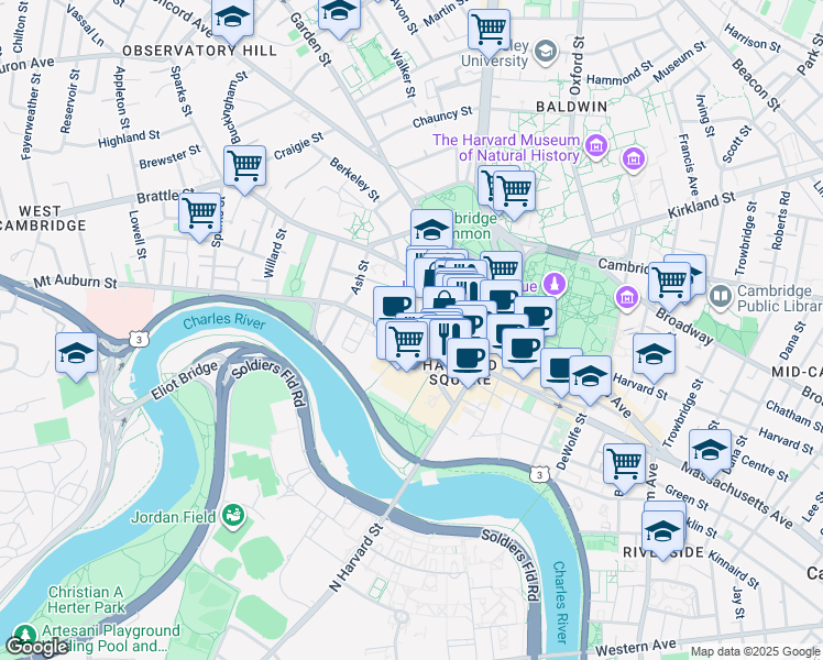 map of restaurants, bars, coffee shops, grocery stores, and more near 1 Mifflin Place in Cambridge