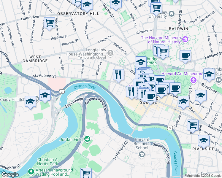 map of restaurants, bars, coffee shops, grocery stores, and more near 1001 Memorial Drive in Cambridge