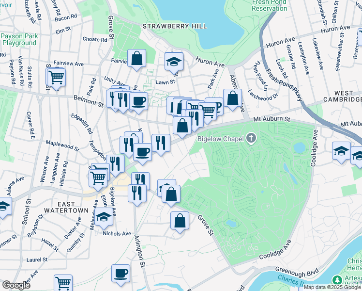 map of restaurants, bars, coffee shops, grocery stores, and more near 16 Cottage Street in Watertown