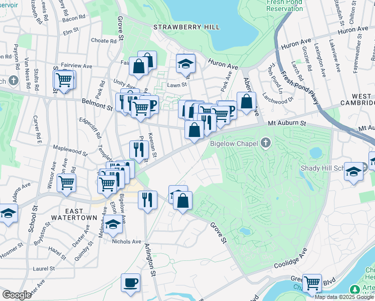 map of restaurants, bars, coffee shops, grocery stores, and more near 761 Mount Auburn Street in Watertown