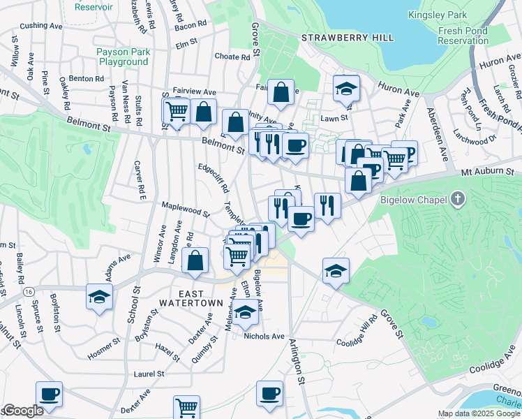 map of restaurants, bars, coffee shops, grocery stores, and more near 319 Arlington Street in Watertown