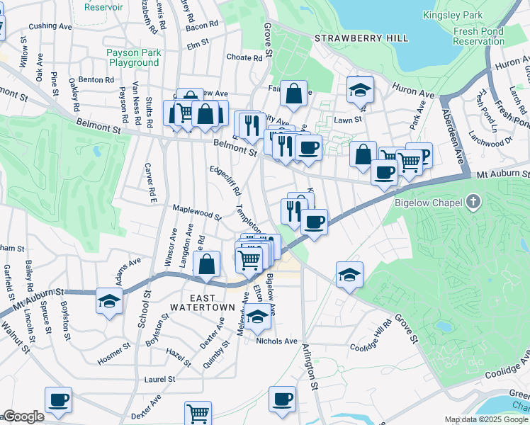 map of restaurants, bars, coffee shops, grocery stores, and more near 82 Salisbury Road in Watertown