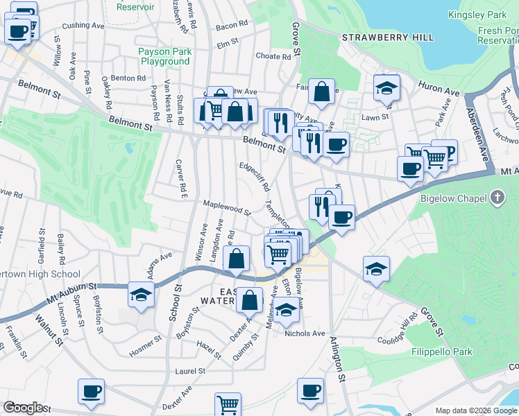 map of restaurants, bars, coffee shops, grocery stores, and more near 17 Edgecliff Road in Watertown