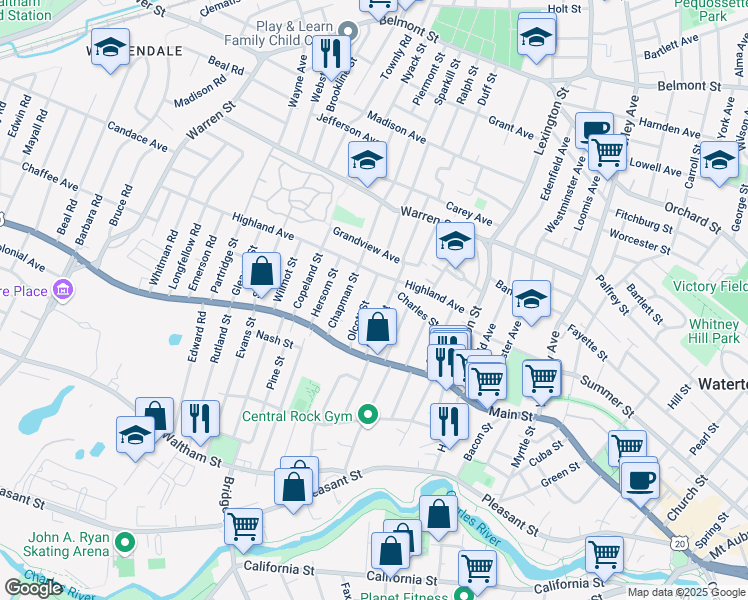 map of restaurants, bars, coffee shops, grocery stores, and more near 44 Olcott Street in Watertown