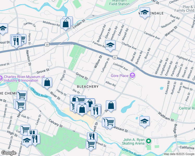 map of restaurants, bars, coffee shops, grocery stores, and more near 88 Lafayette Street in Waltham