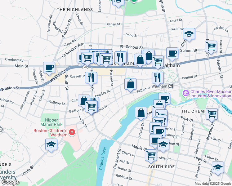 map of restaurants, bars, coffee shops, grocery stores, and more near 23 Williams Street in Waltham