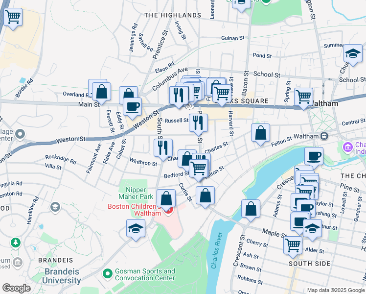 map of restaurants, bars, coffee shops, grocery stores, and more near 5 Charles Street Avenue in Waltham