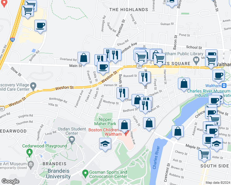 map of restaurants, bars, coffee shops, grocery stores, and more near in Waltham