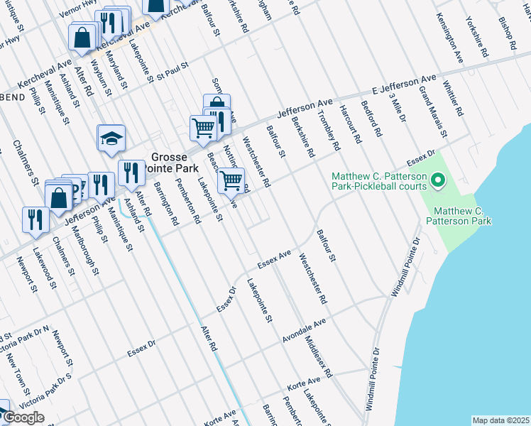 map of restaurants, bars, coffee shops, grocery stores, and more near 837 Nottingham Road in Grosse Pointe Park