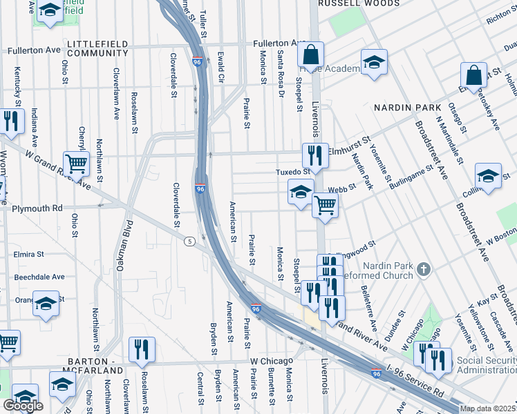 map of restaurants, bars, coffee shops, grocery stores, and more near 7404 Burlingame Street in Detroit