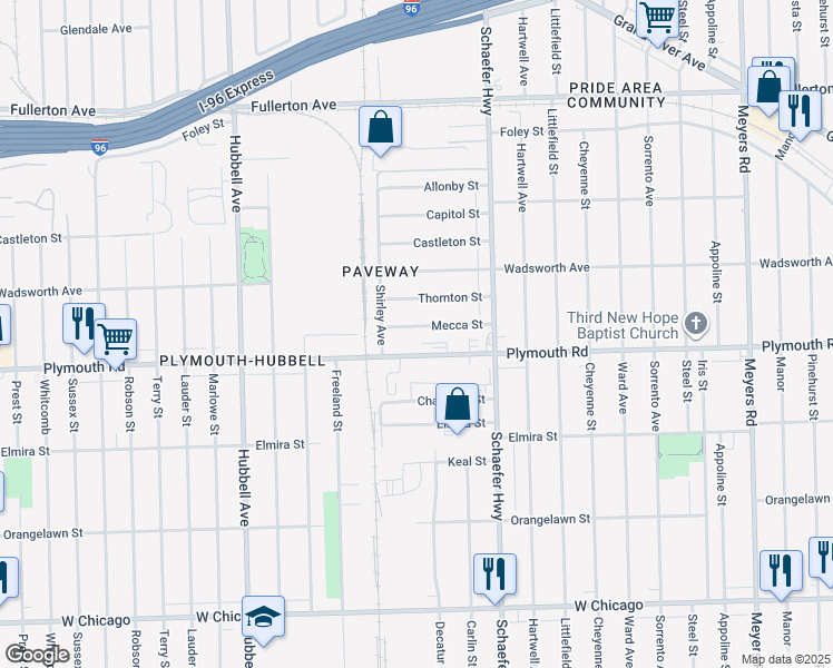 map of restaurants, bars, coffee shops, grocery stores, and more near 13757 Mecca Street in Detroit