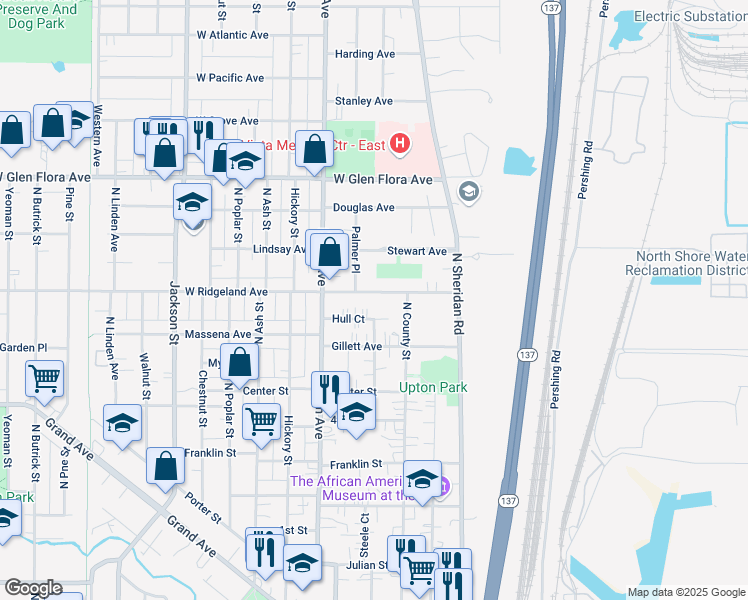map of restaurants, bars, coffee shops, grocery stores, and more near 407 West Ridgeland Avenue in Waukegan