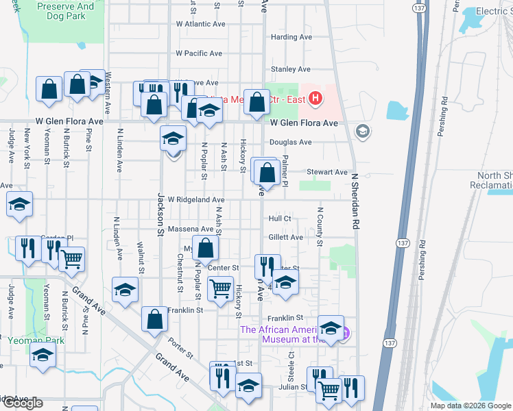map of restaurants, bars, coffee shops, grocery stores, and more near 925 Hickory Street in Waukegan