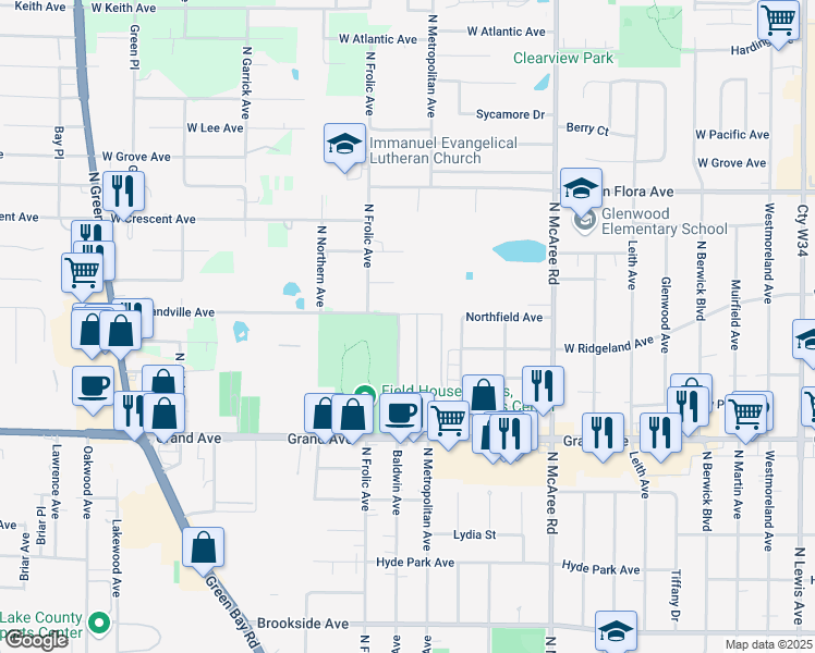 map of restaurants, bars, coffee shops, grocery stores, and more near 1025 Baldwin Avenue in Waukegan
