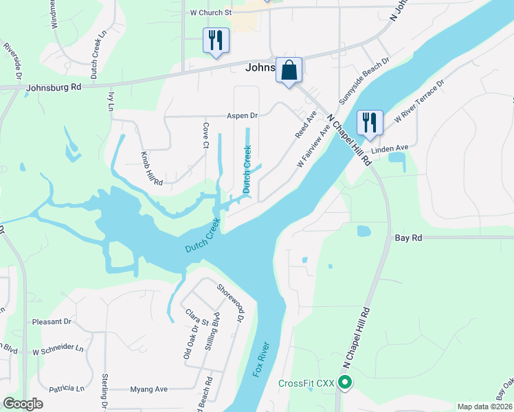 map of restaurants, bars, coffee shops, grocery stores, and more near 2327 West Fairview Avenue in Johnsburg