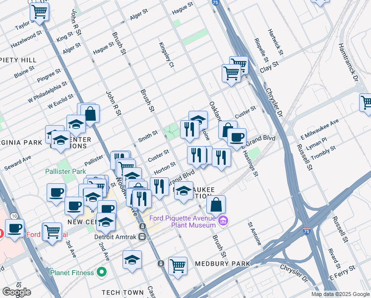 map of restaurants, bars, coffee shops, grocery stores, and more near 7431 Beaubien Boulevard in Detroit