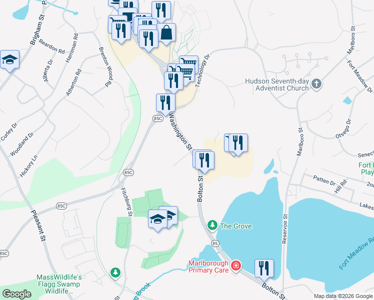 map of restaurants, bars, coffee shops, grocery stores, and more near 1 Vernon Street in Hudson