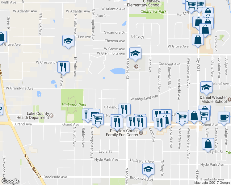 map of restaurants, bars, coffee shops, grocery stores, and more near 1015 North Orchard Lane in Waukegan