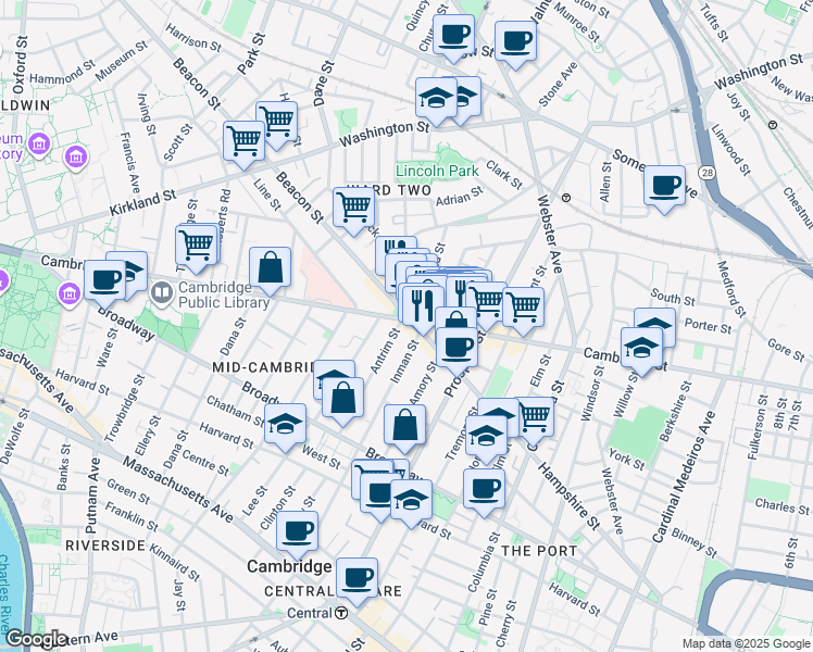 map of restaurants, bars, coffee shops, grocery stores, and more near 1400 Cambridge Street in Cambridge