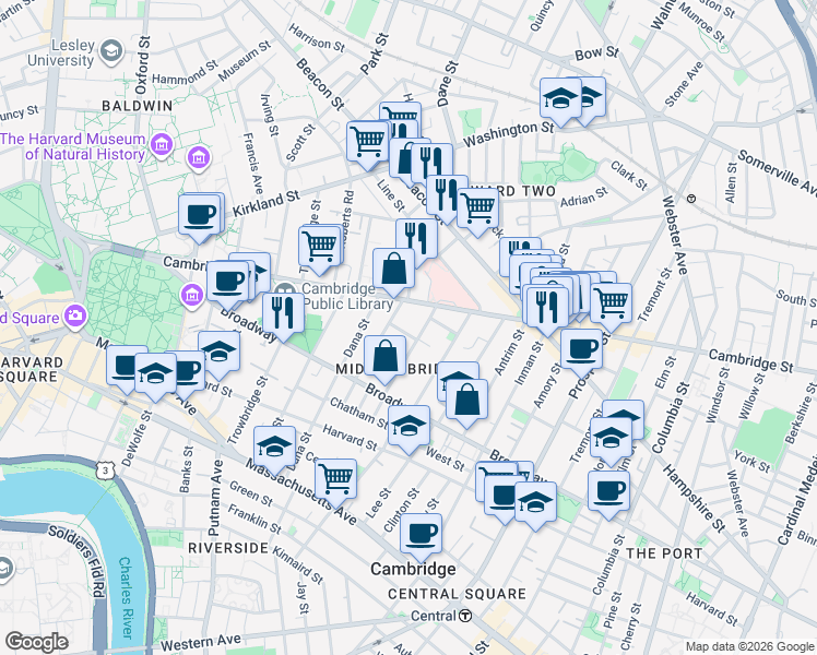 map of restaurants, bars, coffee shops, grocery stores, and more near 13 Greenough Avenue in Cambridge