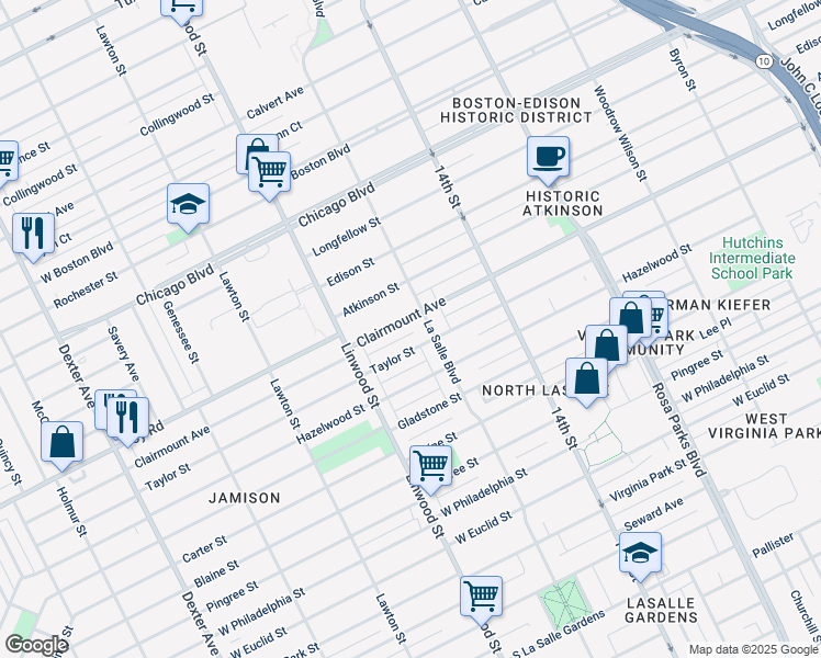 map of restaurants, bars, coffee shops, grocery stores, and more near 2433 Clairmount Avenue in Detroit