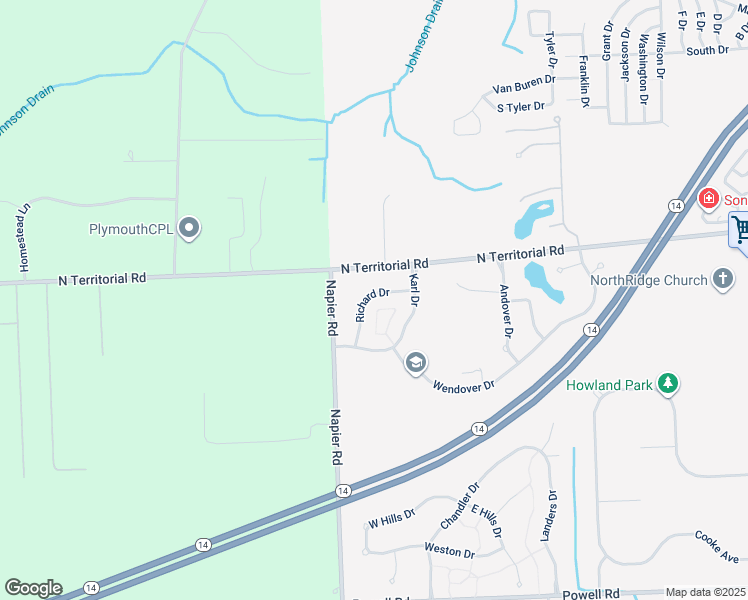 map of restaurants, bars, coffee shops, grocery stores, and more near 50973 Richard Drive in Plymouth Charter Township