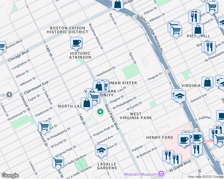 map of restaurants, bars, coffee shops, grocery stores, and more near 1669 Blaine Street in Detroit