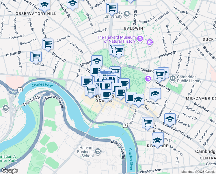 map of restaurants, bars, coffee shops, grocery stores, and more near in Cambridge