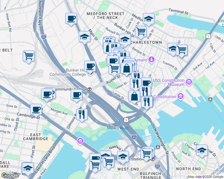 map of restaurants, bars, coffee shops, grocery stores, and more near 80 Lynde Street in Boston