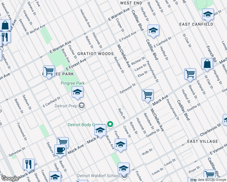 map of restaurants, bars, coffee shops, grocery stores, and more near 4127 Rohns Street in Detroit