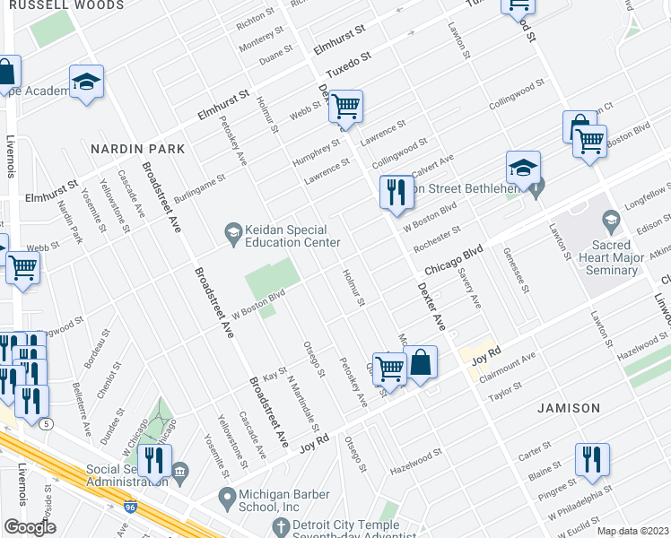 map of restaurants, bars, coffee shops, grocery stores, and more near 4011 West Boston Boulevard in Detroit