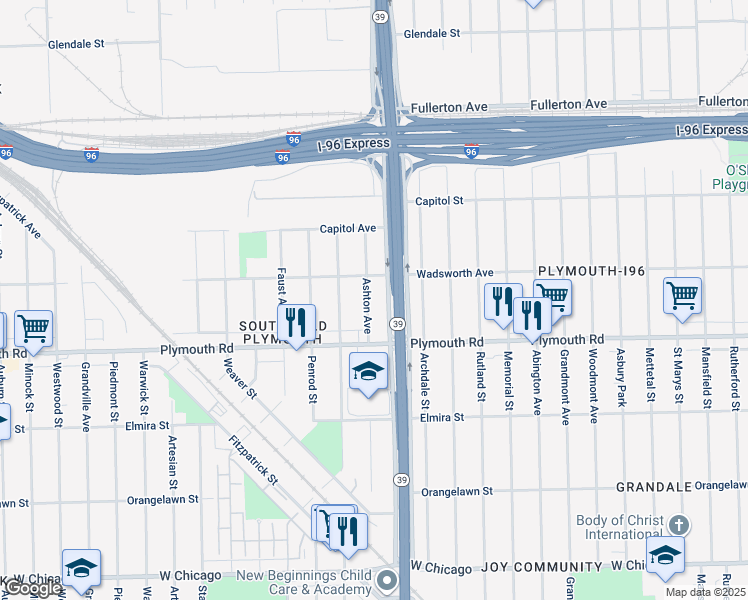 map of restaurants, bars, coffee shops, grocery stores, and more near 11690 Ashton Avenue in Detroit