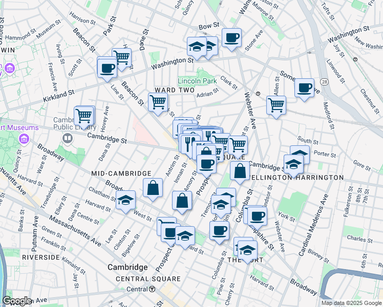 map of restaurants, bars, coffee shops, grocery stores, and more near 1374 Cambridge Street in Cambridge