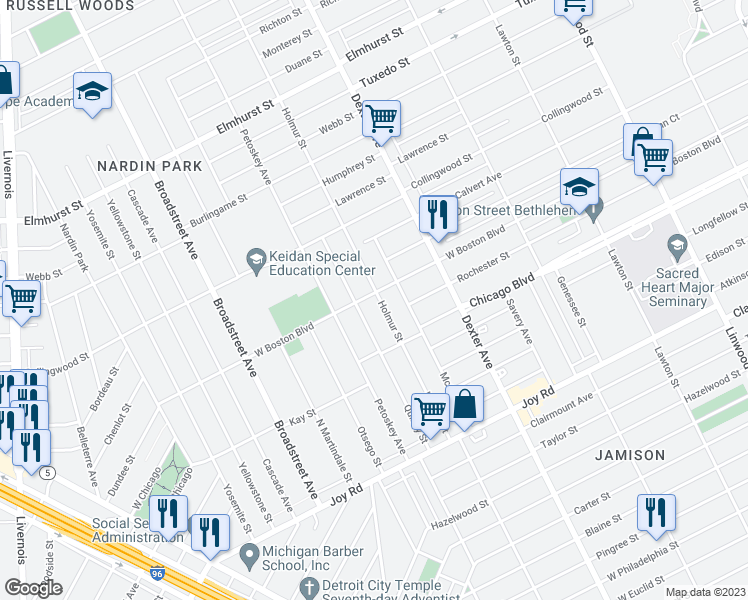 map of restaurants, bars, coffee shops, grocery stores, and more near 9815 Holmur Street in Detroit