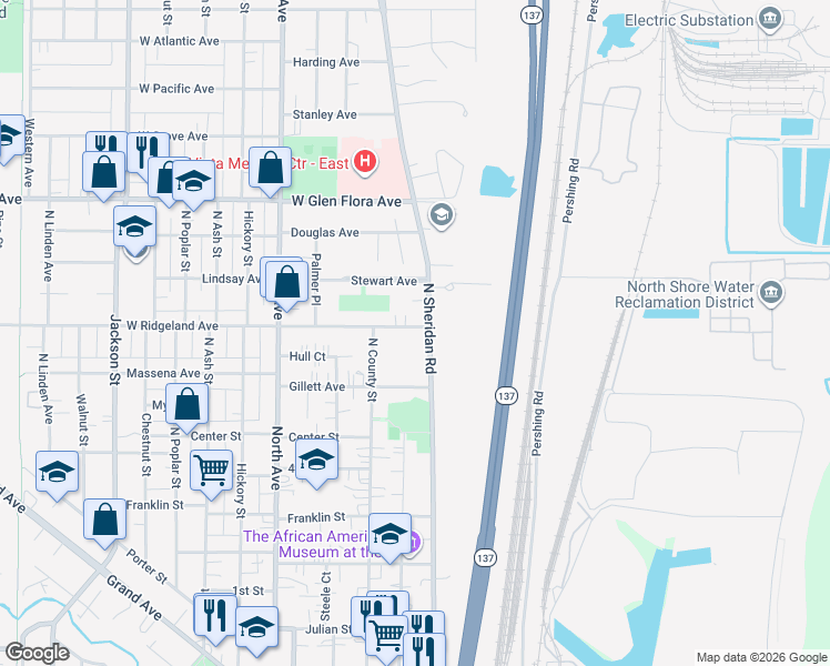 map of restaurants, bars, coffee shops, grocery stores, and more near 946 North Sheridan Road in Waukegan