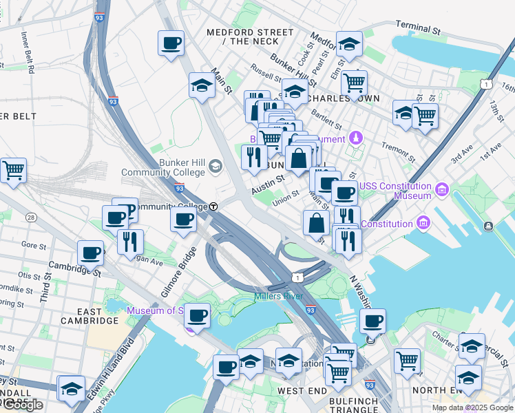 map of restaurants, bars, coffee shops, grocery stores, and more near 80 Lynde Street in Boston