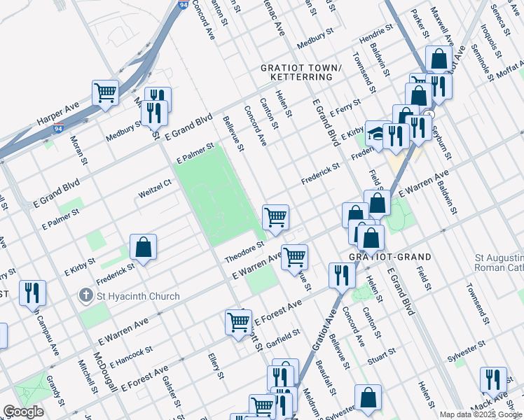 map of restaurants, bars, coffee shops, grocery stores, and more near 5151 Bellevue Street in Detroit
