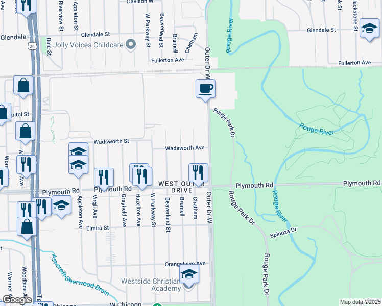 map of restaurants, bars, coffee shops, grocery stores, and more near 11724 Chatham in Detroit